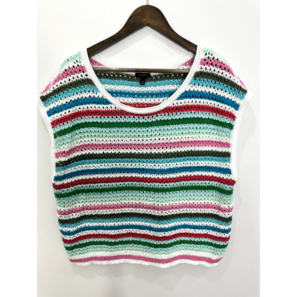 Talbots Crochet Sweater Vest Womens XL Colorful Striped Pullover Layering Preppy